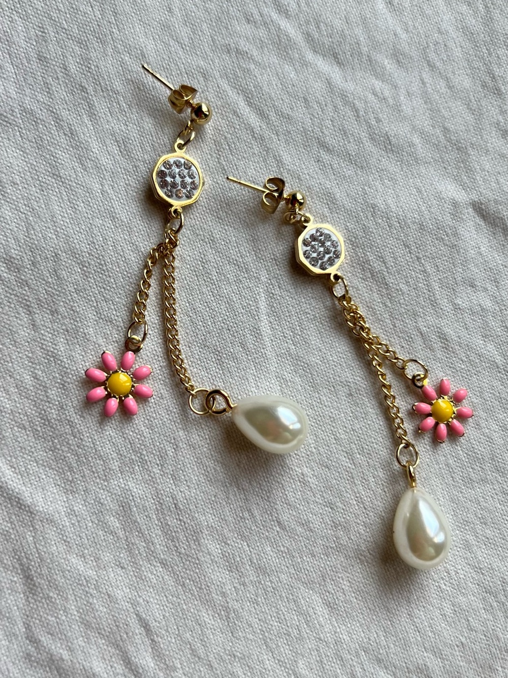 Gold Floral Drop Earrings with Pink Enamel and Pearl Teardrops
